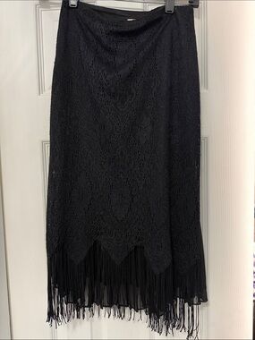 2 for 1 Women's Black Crochet Fringe Midi Skirt Set and pleated end black skirt-